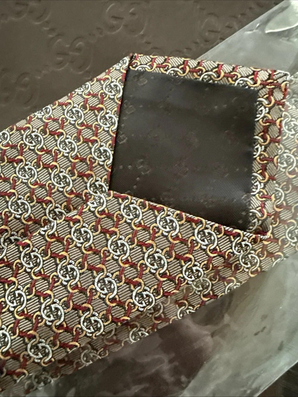 GUCCI Tie GG Pattern Gold / Brown Interlock 100% silk 100% Authentic Vintage